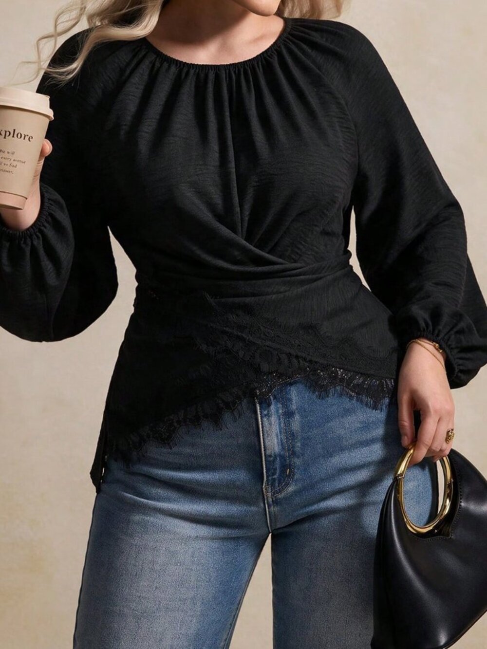 Black Casual Women's Regular Fit Plus Size Cross-Tie Lace Patchwork Raglan Top